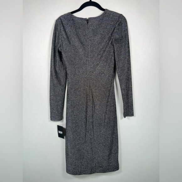 NWT DKNY Metallic-Knit Surplice Ruched Skirt Faux Wrap Mini Silhouette Dress Sz2 - Picture 5 of 16